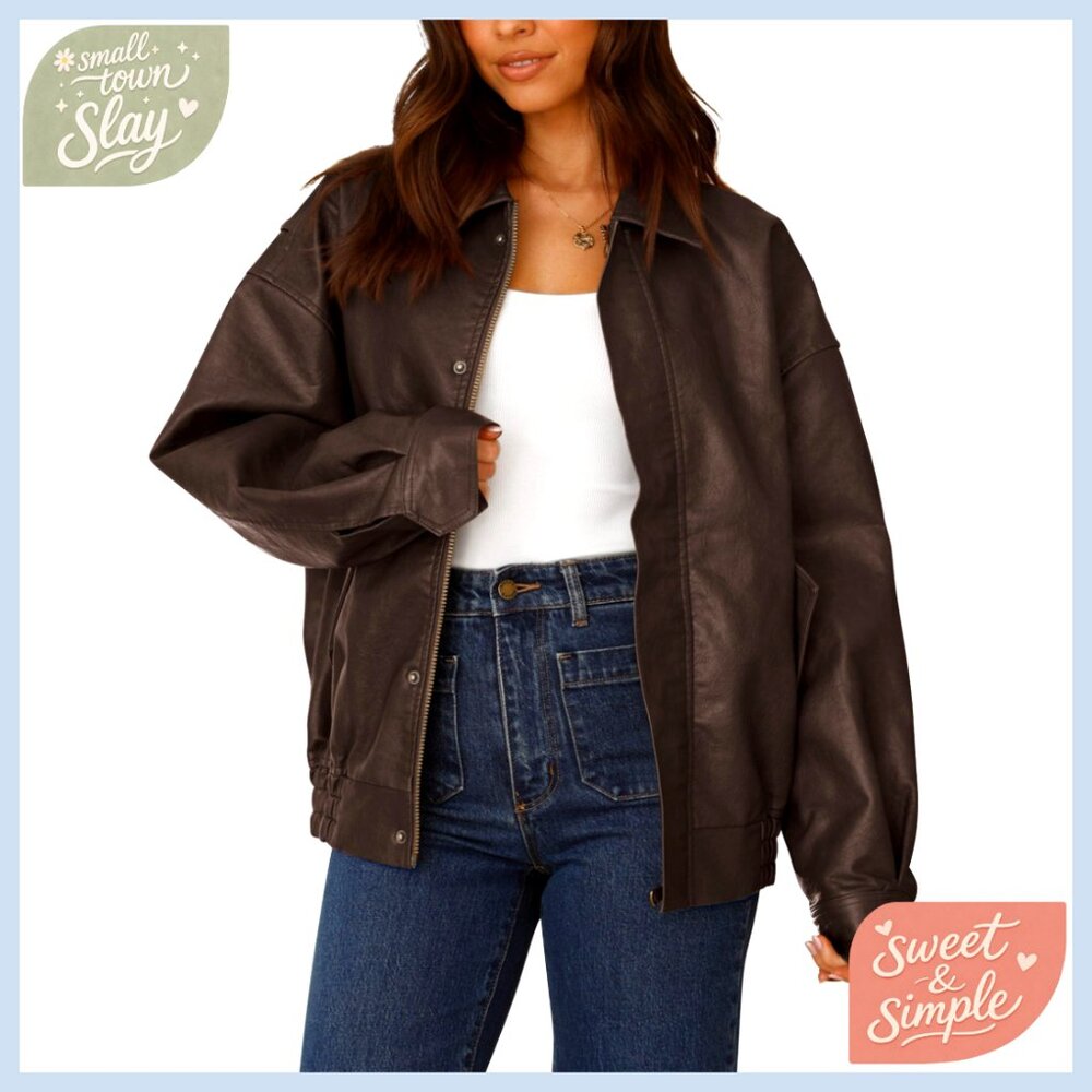 Faux Leather Motorcycle Jacket Oversized Zip Up Biker Chic Trendy Outerwear